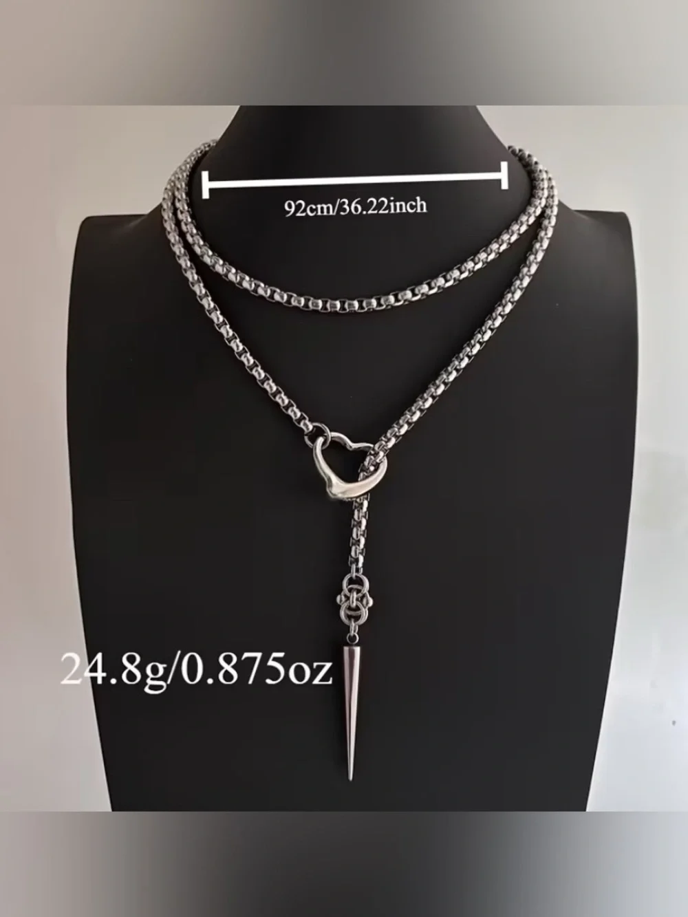 Silver Tone Lariat Necklace with Heart Toggle and Spike Pendant